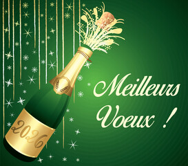 Meilleurs v&oelig;ux. Bonne ann&eacute;e 2026. Carte de v&oelig;ux verte et or en fran&ccedil;ais. Illustration vectorielle. Fond festif.	