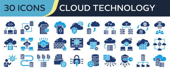 Collection of Cloud Technology icons, related to cloud server, data sync, Cloud Security, Cloud Computing, Cloud Analytics and more. Solid icons vector illustation.