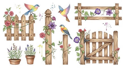 Watercolor Garden Fence Collection Charming Illustrations of Birds, Roses and Lavender