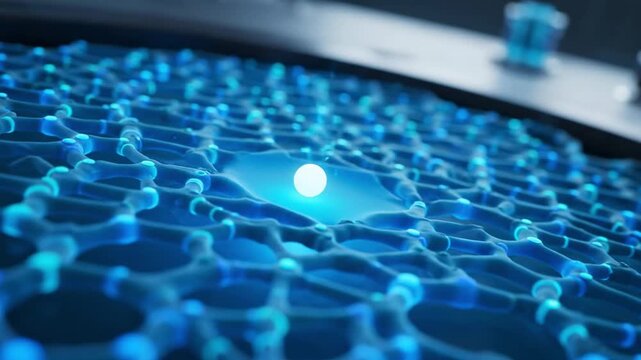 Microscopic blue web-like structure with glowing points and a central bright sphere, scientific concept