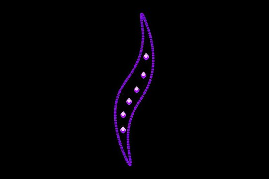 Stylized pod with glowing purple outline and dots on black field