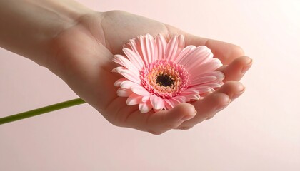 Close-up shows a hand cupping a delicate pink gerbera daisy. The flower's vibrant petals contrast with the light skin