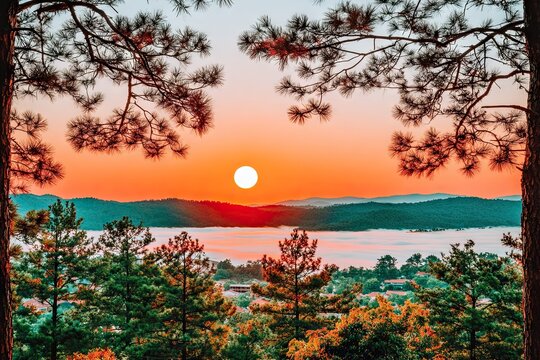Sunrise view through pine trees over misty lake & rolling hills