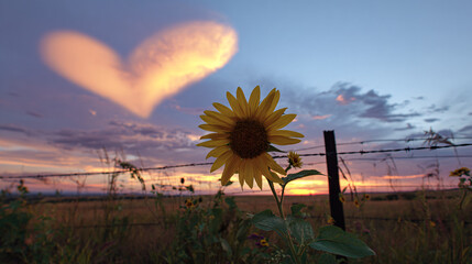 a sunflower in the foreground, with an open field and sunset sky behind it. 
