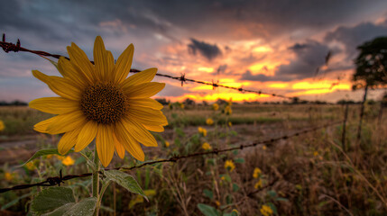 a sunflower in the foreground, with an open field and sunset sky behind it. 
