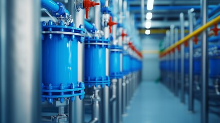 Clean water technology facility with stainless steel filtration tanks and transparent pipes carrying purified water.