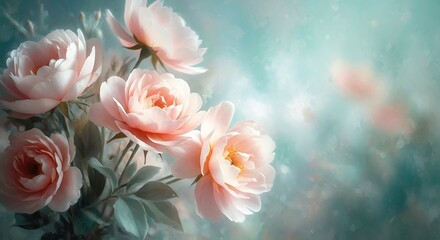 Fototapeta premium Delicate pink roses in soft focus bloom with a dreamy ethereal quality romantic floral photography