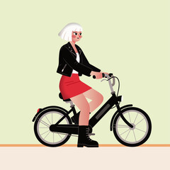 A woman riding a bicycle in cartoon vector sports
