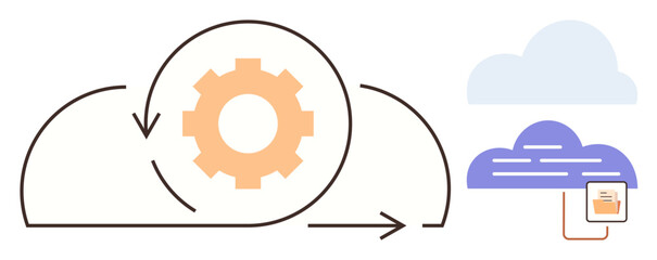 Cloud with gear for process automation, arrow for synchronization, document for storage. Ideal for cloud technology, data sharing, workflow, automation, backup, networking simple flat metaphor