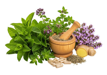 Herbal medicine preparation mortar pestle fresh botanicals ginger roots medicinal plants aromatherapy ingredients