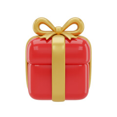 Festive 3D rendered gift box illustration with glossy red and golden ribbon, for celebration
