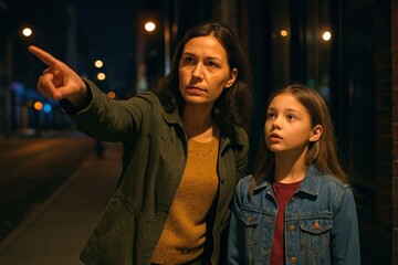 Woman and Girl Standing on City Sidewalk at Night with Woman Pointing Forward as Girl Looks Up in Wonder