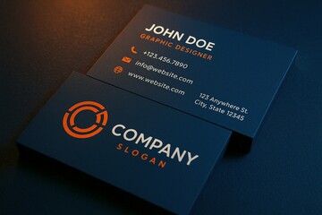 Professional Business Cards for Graphic Designer Featuring Modern Logo Contact Info and Clean Typography on Dark Blue Matte Finish
