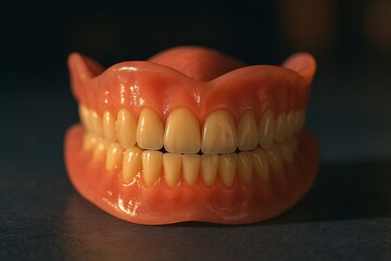 Realistic Full Denture Set with Natural Looking Teeth and Gum Tissue Resting on Dark Surface Under Soft Warm Lighting