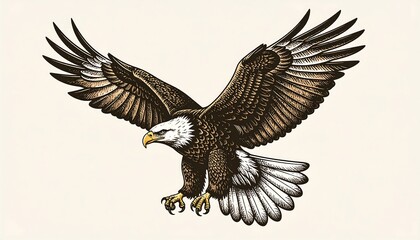 Obraz premium Detailed drawing of a majestic raptor with widespread wings, depicted in mid-flight. Illustrative style with intricate feather detailing