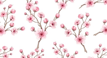 Elegant Cherry Blossom Branch Pattern Floral Watercolor Design On White Background