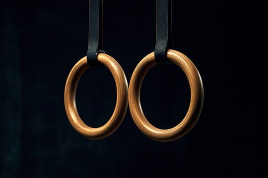 Wooden Gymnastics Rings Suspended by Black Straps Against Deep Blue Background with Soft Lighting Highlighting Grain Texture