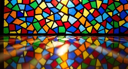 Vibrant Abstract Stained Glass Window and Reflection. Full spectrum background with geometric colored shards and bright light shining through.