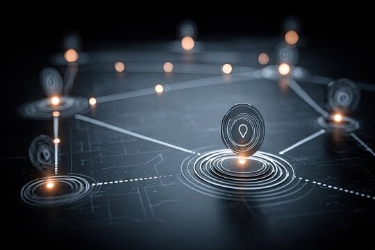 Abstract location pin nodes connected by glowing lines on dark surface