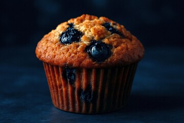Golden brown muffin topped with plump blueberries sitting on dark surface under soft dramatic lighting for appetizing presentation