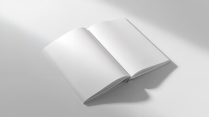 Blank pages await creativity in an open notebook resting on a clean white surface under natural light