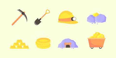 Flat Icon Set of Gold Mining Tools and Assets