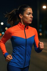 Woman jogging outdoors at night wearing vibrant athletic jacket with focused expression under streetlamp glow on urban path