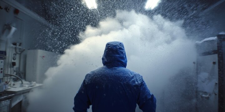 Scientist in cold storage laboratory experiencing extreme weather