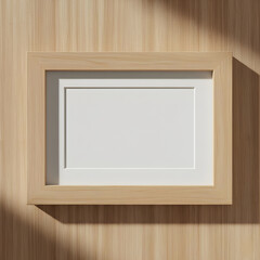 Horizontal Wood Photo Frame Mockup with Mat on Wooden Wall Background