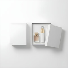 Top View of Open White Gift Box Mockup with Perfume and Cosmetic Bottles