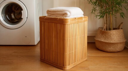 Laundry room with a washing machine and a basket on the floor. the washing machine is white and has a round window on the left side.