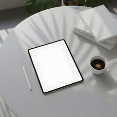 Digital Tablet with Blank Screen Mockup on White Table with Coffee and Books