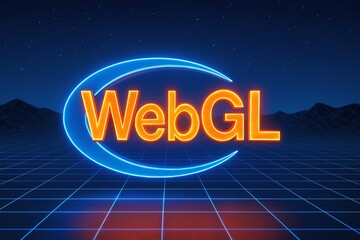 A glowing neon WebGL logo floats above a futuristic blue grid landscape under a starry night sky with pixelated mountains in the distance