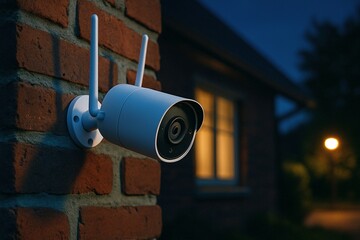 A white security camera with two antennas is mounted on a red brick wall at twilight with a warm window and street lamp glowing softly behind