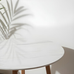 Empty White Marble Round Table with Palm Leaf Shadow and Sun Light on Wall Mockup