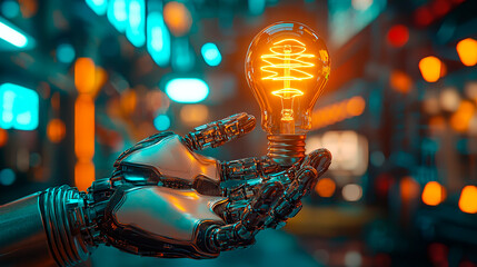 Mano de robot sosteniendo una bombilla