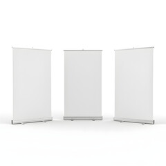 Three Blank Roll Up Banner Stands Mockup from Different Angles on White Background