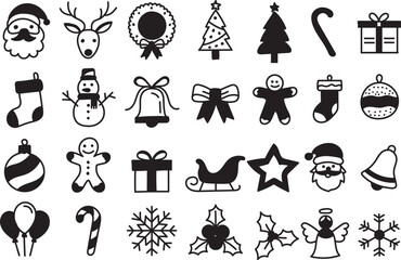 Christmas Holiday Icon Set in Black and White – Festive Vector Collection of Seasonal Symbols