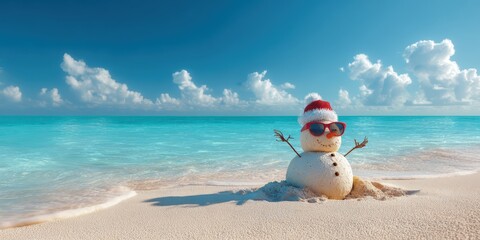 Obraz premium Snowman enjoying summer christmas vacation on beach