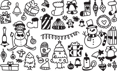 Hand Drawn Christmas Doodle Icons Collection in Black and White &ndash; Festive Holiday Vector Art
