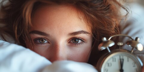 Waking up woman with alarm clock in bed