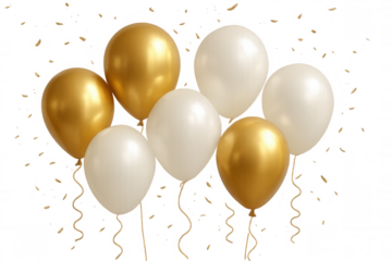 Celebrating party event with gold and white balloons floating, golden confetti falling on transparent background