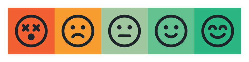 Mood Scale Icon Set, Five-Emoji Emotion Rating from Angry to Happy, Colorful Vector Feedback Illustration for Surveys.
