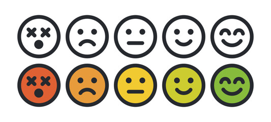 Fototapeta premium Mood Scale Icon Set, Five-Emoji Emotion Rating from Angry to Happy, Colorful Vector Feedback Illustration for Surveys. 