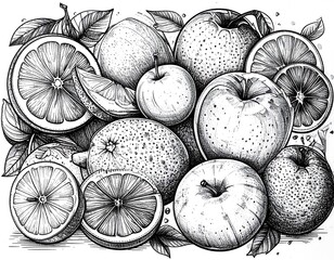 Detailed monochrome sketch, fruits displayed artfully oranges, lemons, apples, leaves, and slices, arranged composition