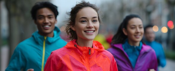 Friends sprint a charity run down a misty city street at dawn smiling brightly.