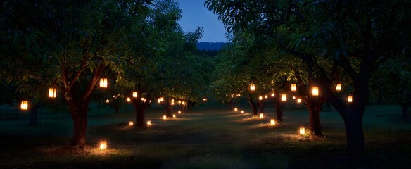 Fototapeta premium Glowing lanterns sprinkle fruit trees like stars waking in the orchard at nightfall