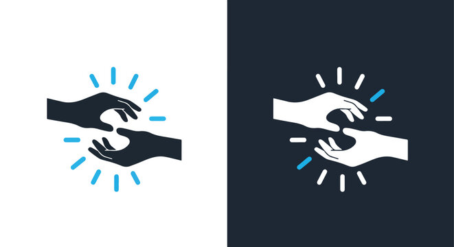 Two hands reaching and connecting with light rays icon for business and collaboration -  Glyph solid icon - Editable modern style icon.