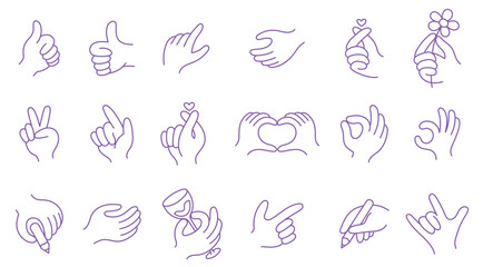 Collection of hand gestures showing various meanings and emotions in a simple line art style