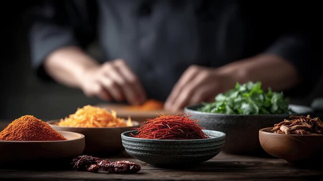 Close-up shot of a chef preparing spices for cooking